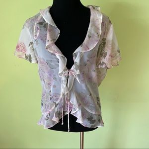 VINTAGE Y2K SHEER FLORAL RUFFLE TIE FRONT BLOUSE TOP SIZE 6 FAIRY COTTAGE CORE